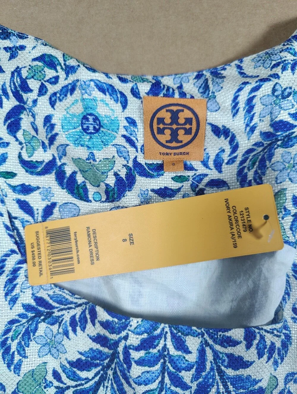 NWT Tory Burch Ramona Blue White Floral Silk Linen Fit & Flare Dress Retail 450$